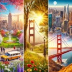 Realistic collage photo of popular U.S. destinations showing New York City's Central Park in spring, Los Angeles skyline, and San Francisco with the Golden Gate Bridge in fall.