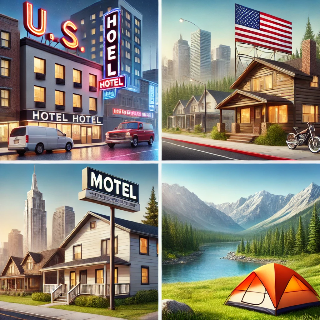 Various types of U.S. travel accommodations, including a hotel, vacation rental, campsite, and motel with a city skyline and natural landscapes in the background.