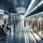 People using public transportation in a U.S. city subway station, with commuters waiting for trains, some seated and others standing near train doors.