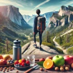 A person on a hiking trail in a U.S. national park, holding a water bottle and wearing a backpack, with healthy snacks like fruits and nuts in the foreground. The scene emphasizes fitness and well-being while traveling.