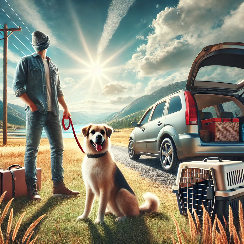 A traveler in the USA with a dog, standing next to a car in a scenic outdoor landscape, ready for a road trip with pet travel gear.