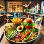 A vibrant vegan meal with avocado salad, quinoa, roasted vegetables, and a vegan burger with fries at an American restaurant.