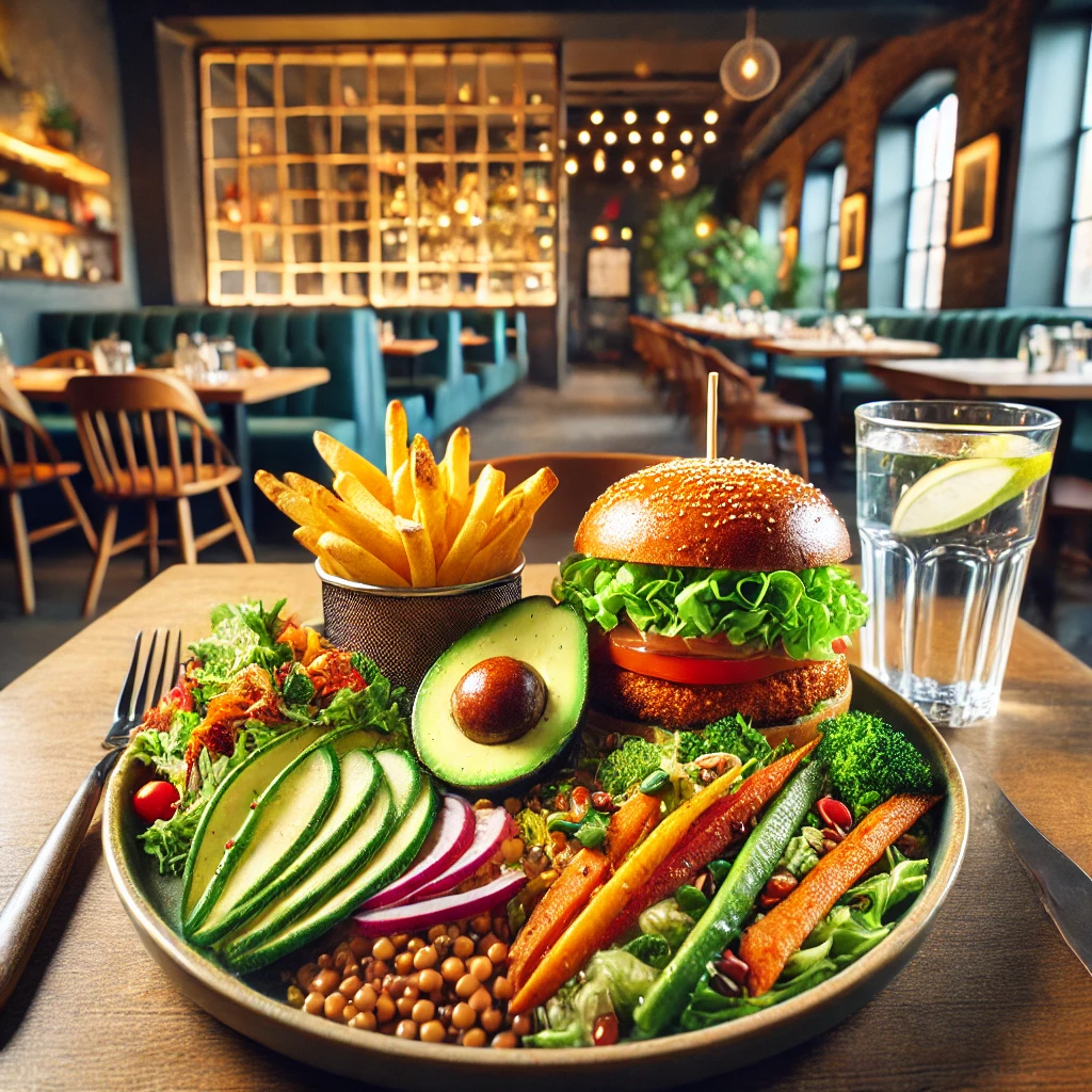 A vibrant vegan meal with avocado salad, quinoa, roasted vegetables, and a vegan burger with fries at an American restaurant.