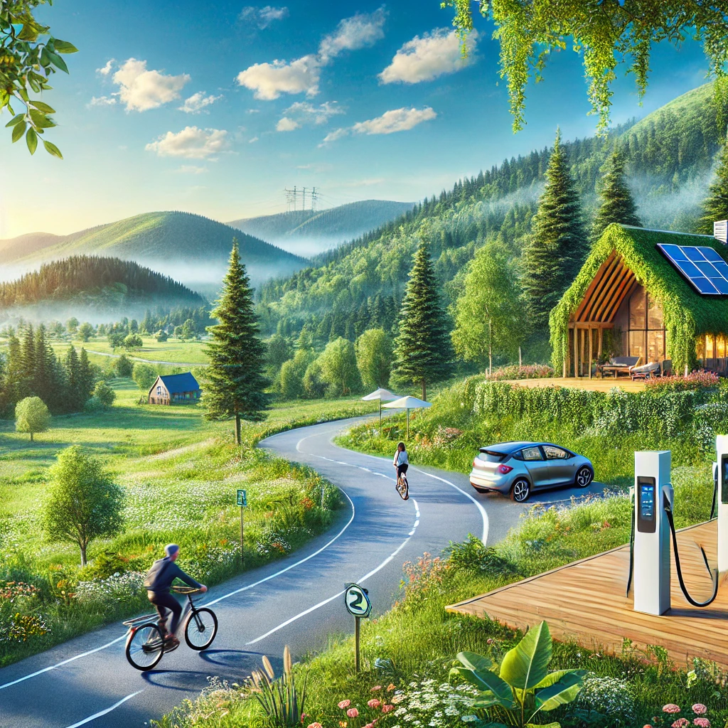 Serene eco-friendly travel scene in the U.S. featuring a sustainable eco-lodge, cyclists on a bike path, and an electric vehicle charging station, set in a lush, green landscape.