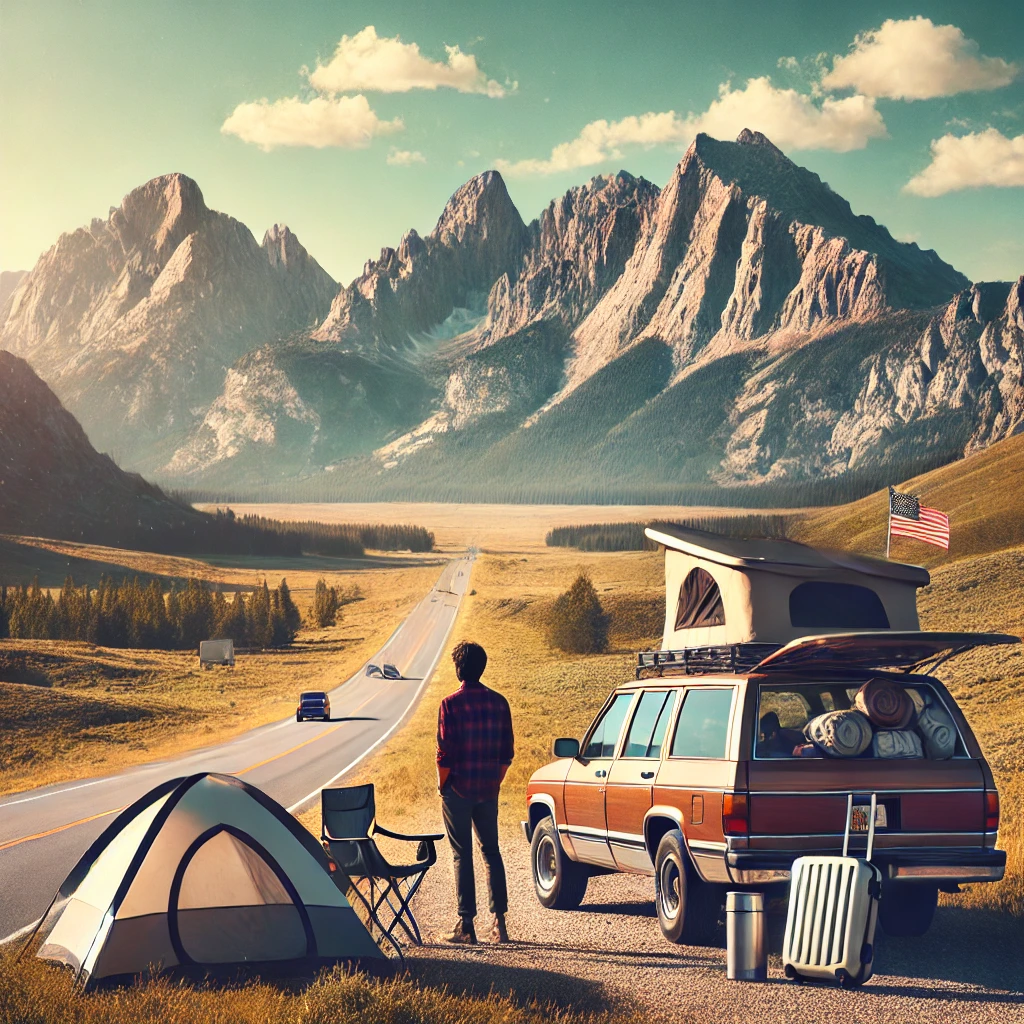 Traveler on a budget-friendly U.S. road trip, standing next to a car by a picturesque mountain road with a camping setup in nature.