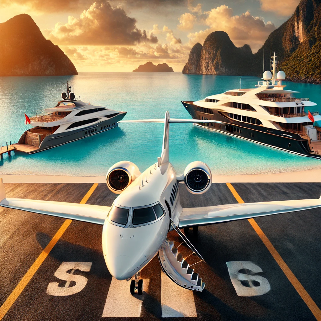 Private jet on a tarmac at sunset with a luxury yacht docked by a tropical island, symbolizing exclusive high-end travel experiences.