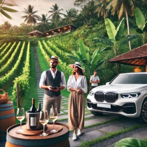 Couple enjoying a personalized luxury travel experience in a private vineyard with an exclusive wine tasting setup and luxury car.