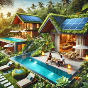 Luxury eco-friendly resort with solar panels, a natural pool, and a couple enjoying an organic meal in a sustainable villa.