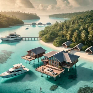 Remote luxury destination with an overwater villa, crystal-clear lagoon, private yacht, and tropical beach, offering exclusive and tranquil high-end travel.