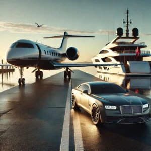 Luxury private jet on the runway with a nearby yacht anchored in the marina, symbolizing exclusive air and sea travel for high-end travelers.