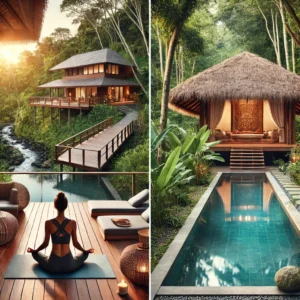 Luxury wellness retreat with a private villa, yoga session on a wooden deck, and a natural pool surrounded by greenery, promoting relaxation and digital detox.