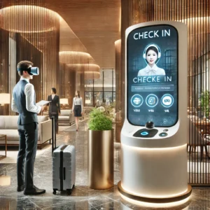 Luxury hotel lobby with advanced technology, featuring a virtual assistant kiosk, VR setup for tours, and smart lighting for an AI-driven guest experience.