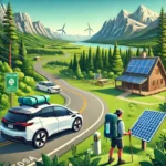 A scenic view of eco-friendly travel in the USA in 2025 with an electric car parked by a national park, a hiker with sustainable gear, and an eco-lodge powered by solar panels in the background.