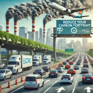 A highway with gas-powered cars emitting fumes, contrasting with electric vehicles, and a plane taking off in the background, highlighting the environmental impact of travel in the U.S.