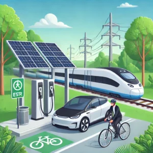 An electric vehicle charging at a solar-powered station, with an electric train and a cyclist in a bike lane, showcasing eco-friendly transportation options in the USA.