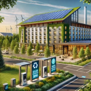 A modern eco-friendly hotel with solar panels, sustainable architecture, recycling bins, and electric vehicle charging stations, surrounded by greenery, emphasizing green accommodation choices in the USA.