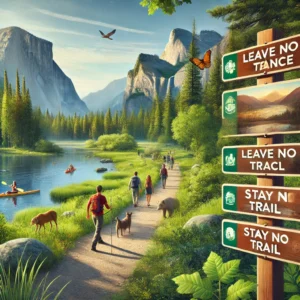 Hikers on a trail in a U.S. national park, surrounded by nature, with tourists kayaking on a lake and wildlife observation, emphasizing sustainable activities and eco-friendly tourism.