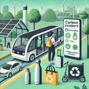 A traveler using reusable items, boarding an electric vehicle, with recycling bins and a carbon offset app in a green urban area, illustrating ways to reduce travel carbon footprint.