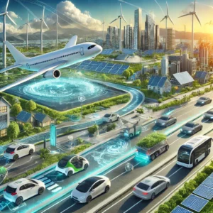 An electric aircraft taking off from an eco-efficient airport, with electric cars on solar-powered roads, and a smart city with green rooftops and renewable energy, showcasing future trends in eco-friendly travel.