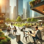 Digital nomads working in an outdoor cafe in a U.S. city, with laptops on tables and skyscrapers in the background, representing a modern remote work lifestyle.