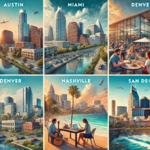 A montage of five digital nomad-friendly U.S. cities: Austin's tech skyline, Miami's beaches, Denver's mountain backdrop, Nashville's musical streets, and San Diego's coastal urban life, showcasing each city's unique appeal to remote workers.