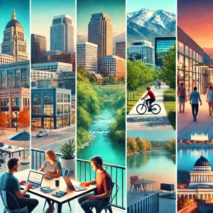 A montage of up-and-coming U.S. cities for digital nomads, featuring Raleigh’s tree-lined streets, Boise's riverside coworking spaces, and Salt Lake City’s skyline with mountain views, highlighting the rise of remote work in these areas.