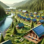 Eco-friendly resort in the U.S. featuring solar panels and cabins made from sustainable materials, surrounded by lush greenery and nature.