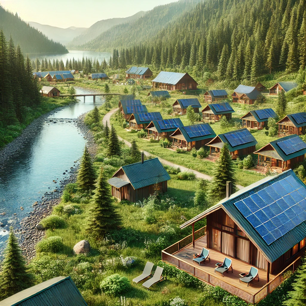 Eco-friendly resort in the U.S. featuring solar panels and cabins made from sustainable materials, surrounded by lush greenery and nature.