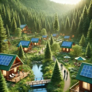 Eco-friendly resort surrounded by dense green forest with cabins built from natural materials, featuring solar panels and a small pond, with guests walking along nature trails.