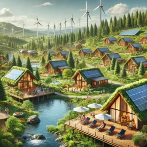 Scenic view of eco-friendly resorts in the U.S. with solar-powered cabins, wind turbines, and sustainable wooden lodges surrounded by lush greenery and natural landscapes.