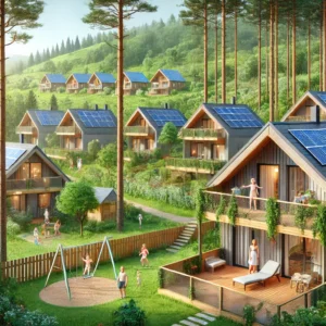 Picturesque eco-friendly resort for families and couples, with sustainable cabins nestled in a forest, children playing in nature, and couples relaxing on balconies surrounded by green hills and solar panels.