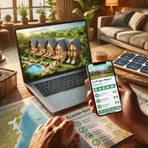 Traveler researching eco-friendly resorts with a laptop displaying sustainable options, eco travel brochures, and a smartphone showing reviews of an eco-certified hotel.