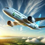 Eco-friendly airplane flying over a landscape with renewable energy sources, symbolizing sustainable air travel in 2025.