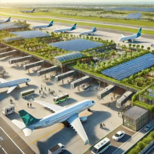 Modern eco-friendly airport with solar panels, electric aircraft, and green spaces, showcasing sustainable air travel innovations in 2025