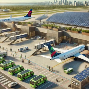 Modern eco-friendly airplanes from Delta, JetBlue, and Alaska Airlines at a U.S. airport with sustainable features such as electric ground vehicles and solar panels, representing eco-conscious air travel in 2025.