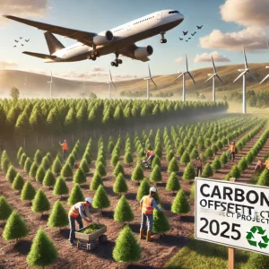 A commercial airplane flying overhead while workers plant trees in a reforestation project labeled 'Carbon Offset Project,' with wind turbines in the background, representing carbon offsetting for flight emissions in 2025.