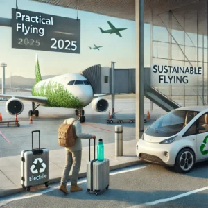 Traveler at an airport with light luggage and a reusable water bottle, boarding an eco-friendly plane, with recycling signs and an electric vehicle nearby, illustrating sustainable flying tips in 2025.