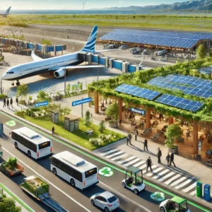 Modern sustainable airport with solar panels, green spaces, electric ground vehicles, and recycling bins, representing U.S. airports leading in sustainability in 2025.