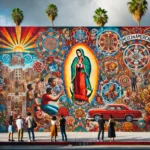 A vibrant Chicano street mural in Los Angeles featuring Mexican-American cultural symbols and bright colors, with palm trees and an urban backdrop.