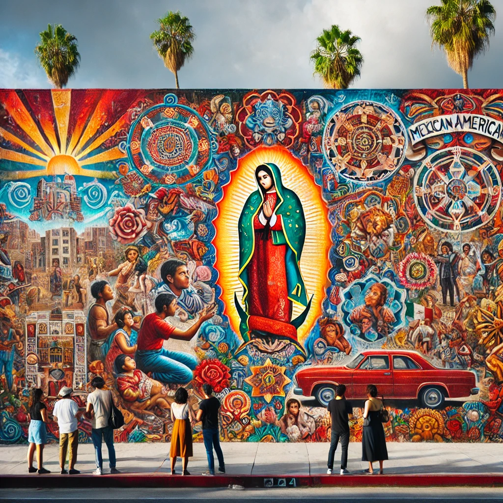 A vibrant Chicano street mural in Los Angeles featuring Mexican-American cultural symbols and bright colors, with palm trees and an urban backdrop.