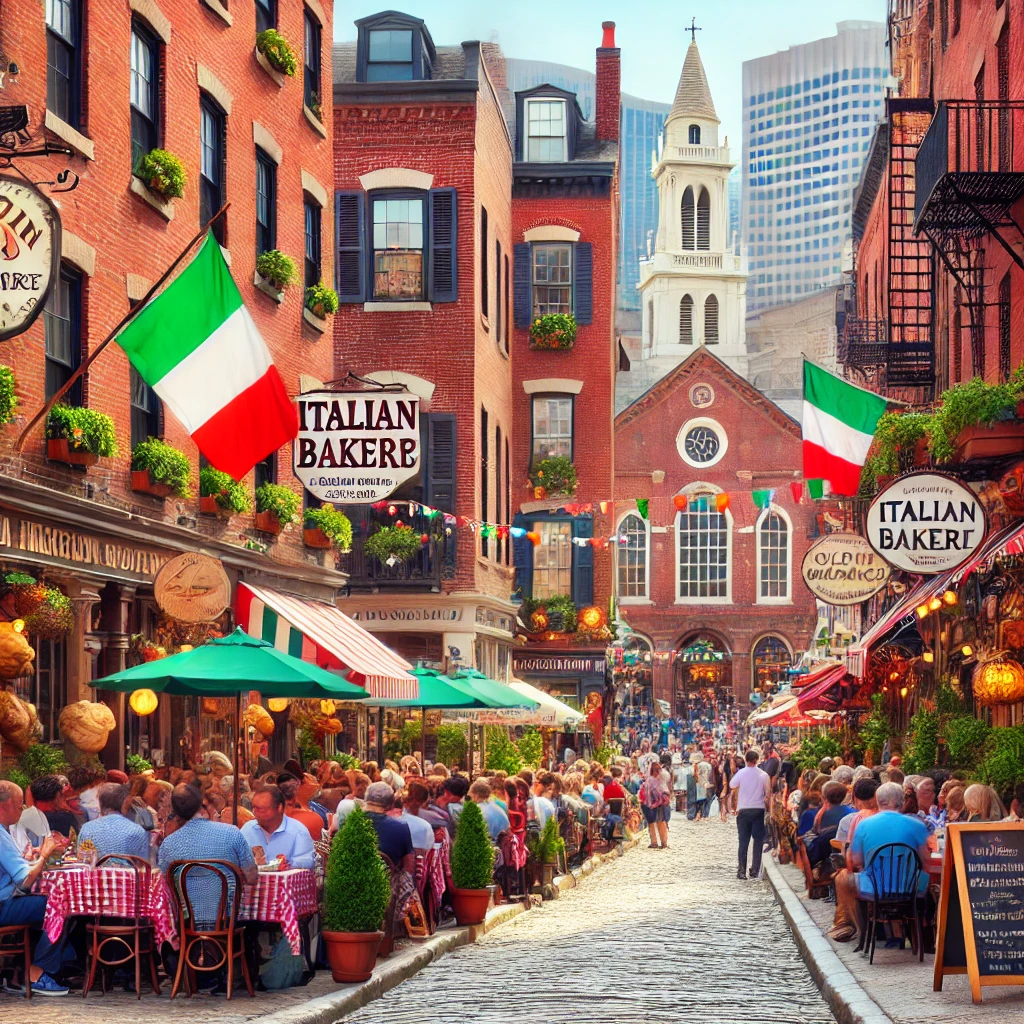 Street scene in Boston's North End with Italian flags, historic brick buildings, outdoor seating at Italian restaurants, and the Old North Church in the background.