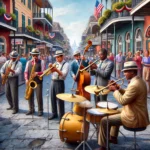 Traditional jazz band performing in the French Quarter of New Orleans, with musicians playing trumpet, trombone, clarinet, and drums in a lively street setting with colorful historic buildings.