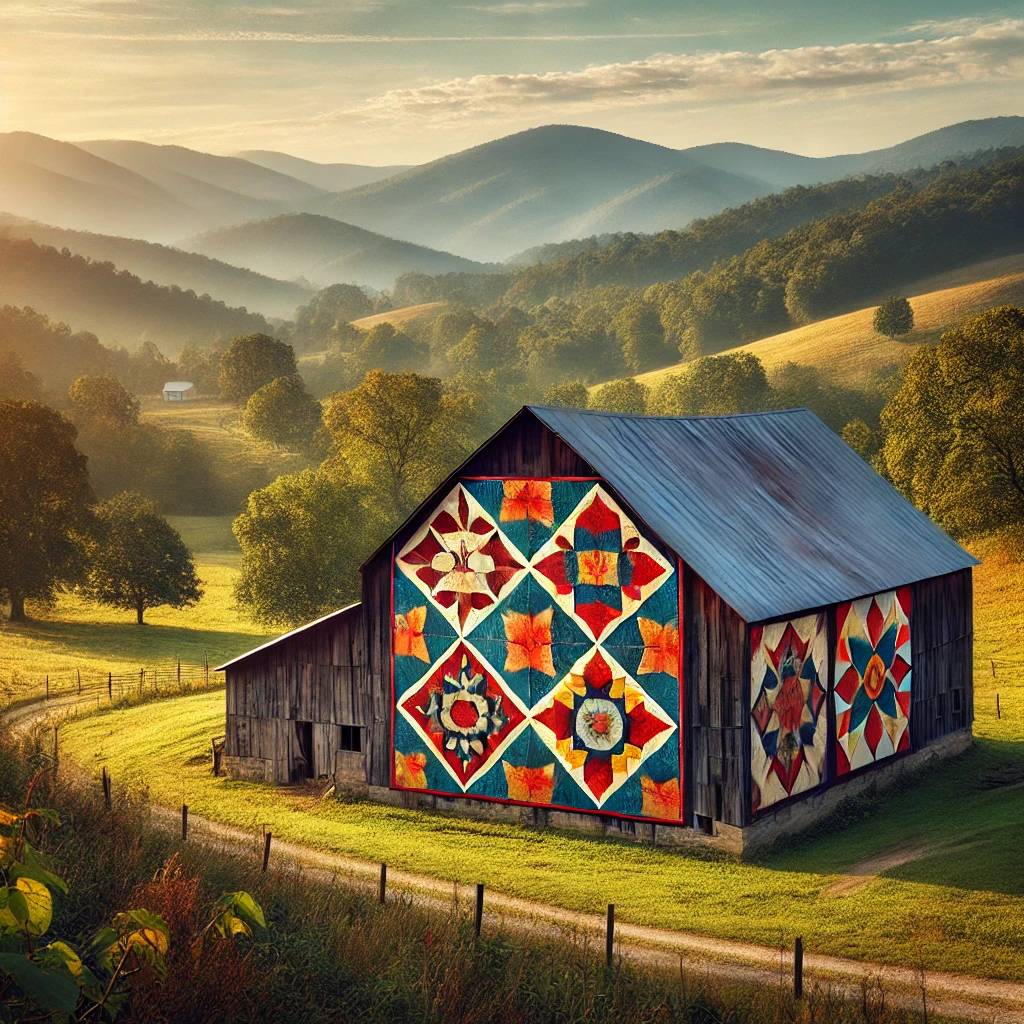 Rustic barn in Appalachia with a colorful quilt pattern painted on its side, surrounded by rolling hills and trees