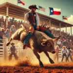 A cowboy riding a bucking bull in a high-energy Texas rodeo scene, surrounded by cheering spectators with the Texas flag in the background.