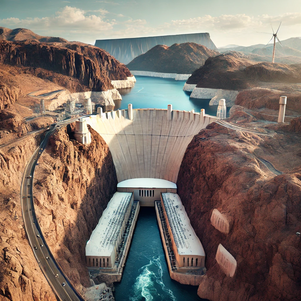 Realistic image of the Hoover Dam, a massive concrete structure set between two rocky canyon walls, with the Colorado River flowing below. Lake Mead is visible in the background under a clear blue sky, with the dry, desert landscape surrounding the area.