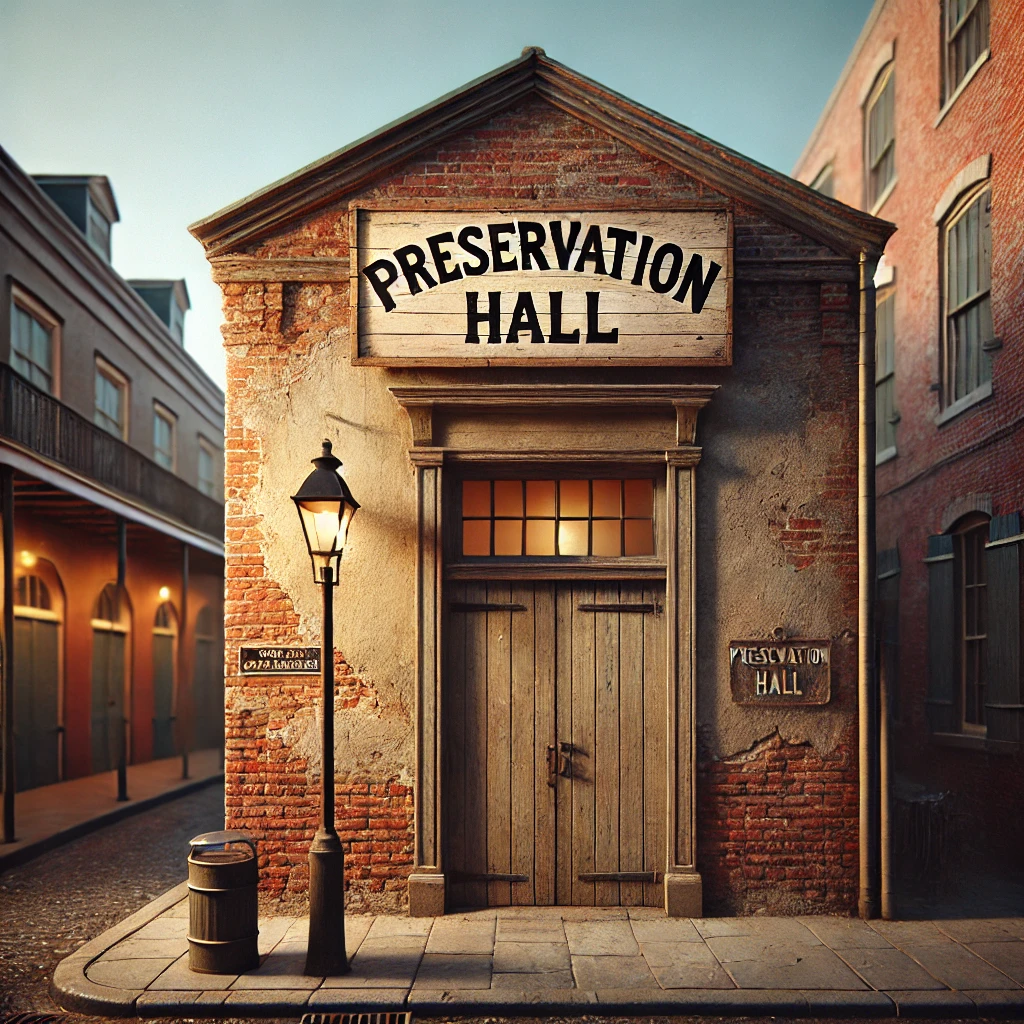 Preservation Hall in New Orleans, a small historic brick building with a rustic wooden sign above the entrance, capturing the venue's vintage and authentic atmosphere.