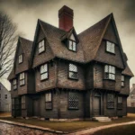 The Witch House in Salem, a dark wooden colonial house with steep gables, small diamond-paned windows, and a mysterious atmosphere, symbolizing its historical connection to the Salem Witch Trials.