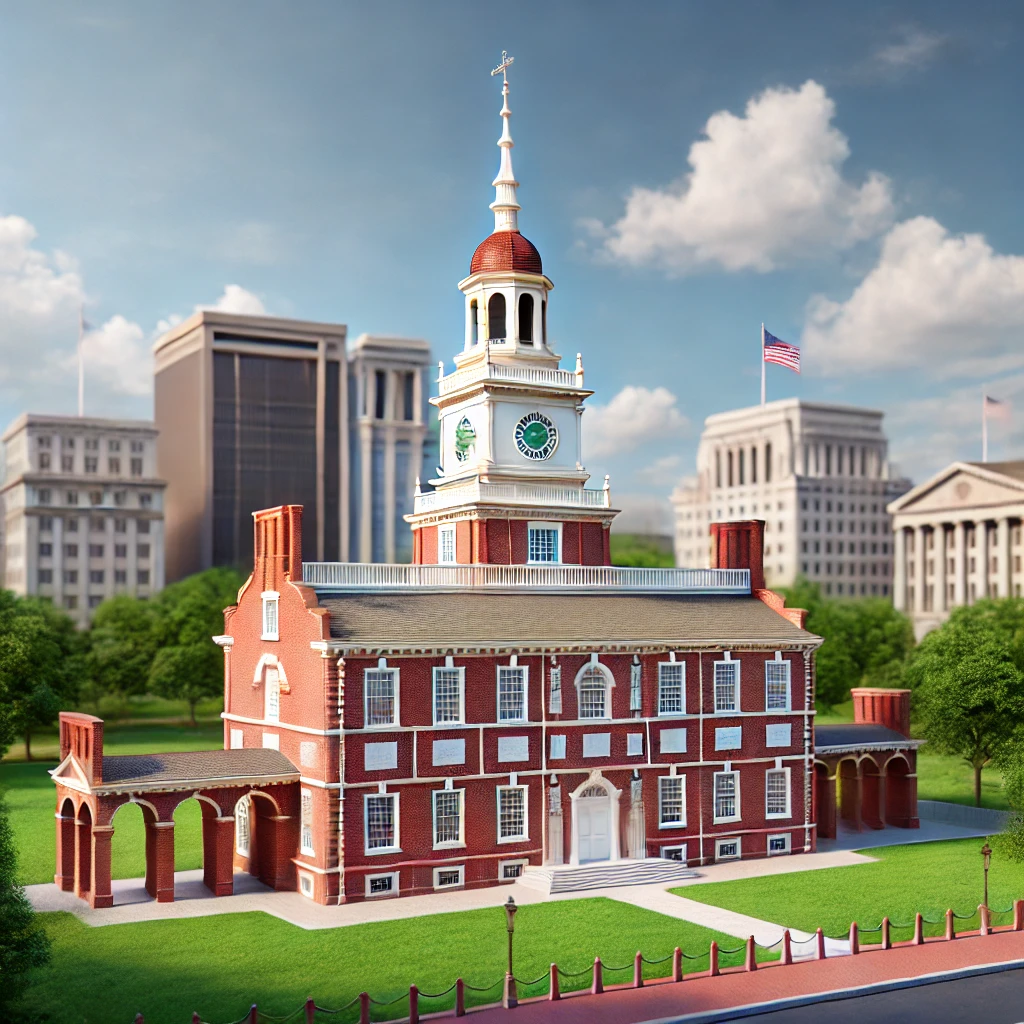 Philadelphia’s Independence Hall with its red brick facade, white columns, and clock tower on a clear day.