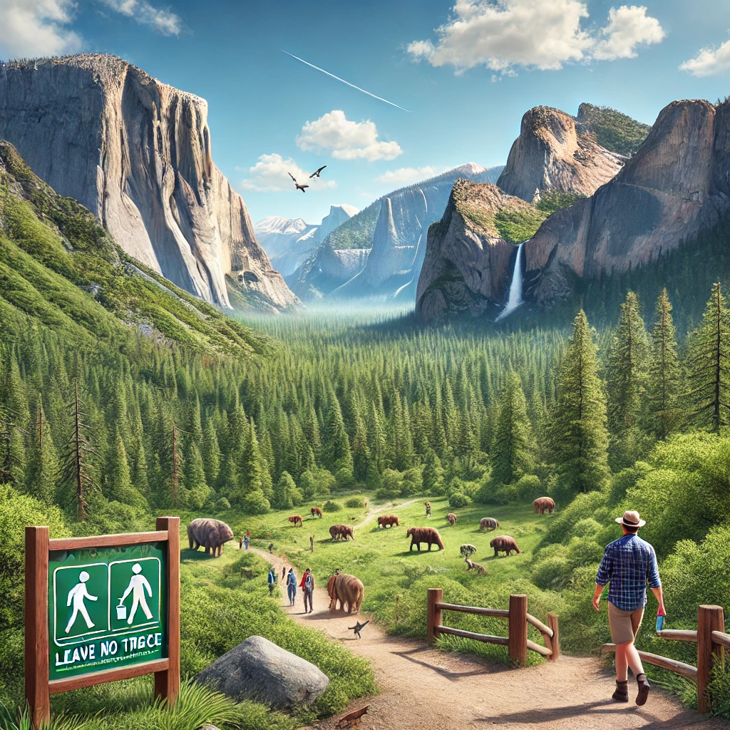 Hikers on a marked trail in Yosemite National Park with Half Dome and El Capitan in the background, surrounded by lush forests and practicing sustainable travel.