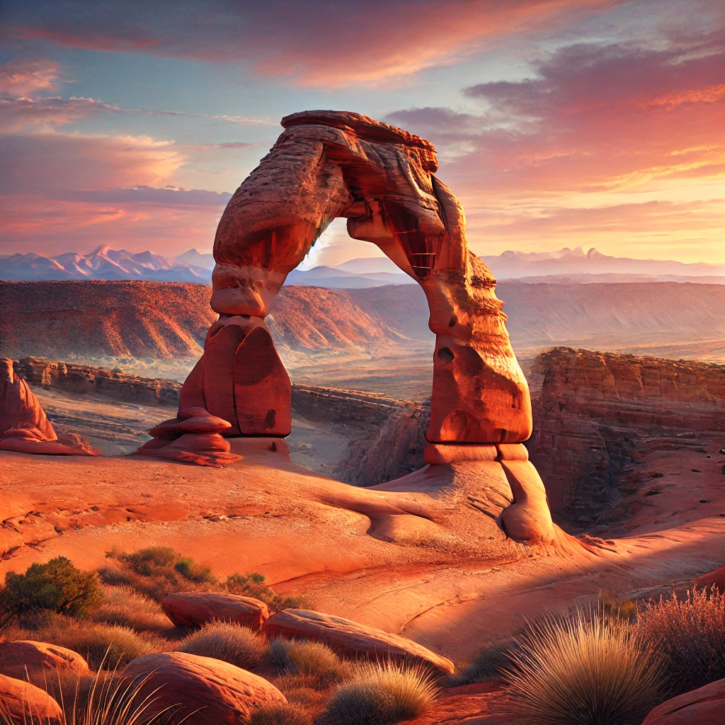 A realistic view of Delicate Arch at Arches National Park, Utah, during sunset with red sandstone formations and desert plants in the foreground.